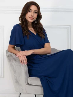 Jolie Moi Occasion Dresses|Mesh Dresses-Flute Sleeve Mesh Maxi Dress, Navy