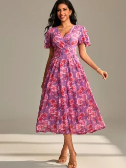 Jolie Moi Occasion Dresses|Floral Dresses-Flutter Sleeve Mesh Midi Dress, Purple floral