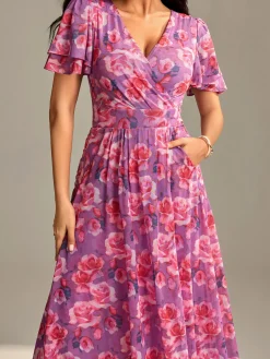 Jolie Moi Occasion Dresses|Floral Dresses-Flutter Sleeve Mesh Midi Dress, Purple floral