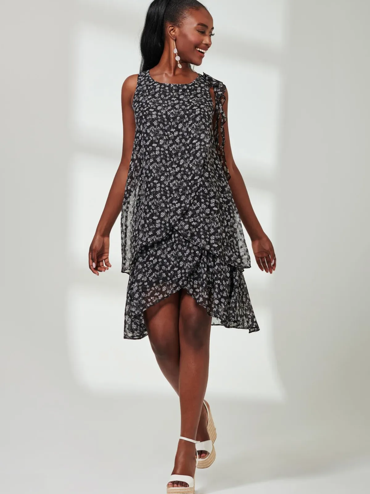 Jolie Moi Occasion Dresses|Sleeveless Dresses-Frill Chiffon Mini Swing Dress, Black Ditsy