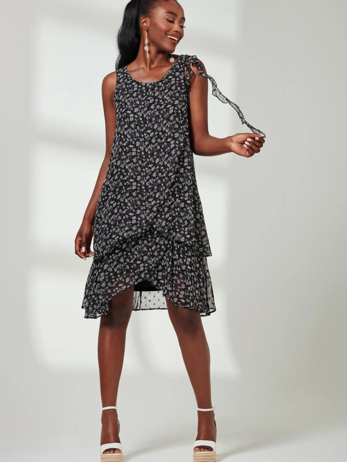 Jolie Moi Occasion Dresses|Sleeveless Dresses-Frill Chiffon Mini Swing Dress, Black Ditsy