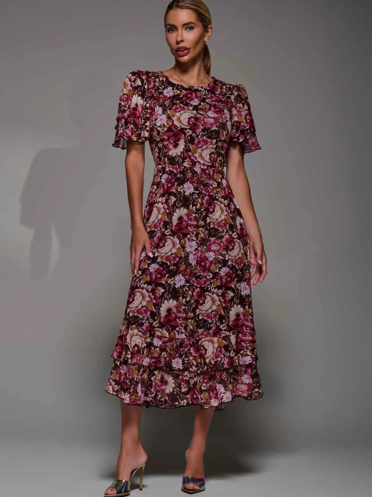Jolie Moi Occasion Dresses|Floral Dresses- Frill Detail Chiffon Midaxi Dress Burgundy Floral
