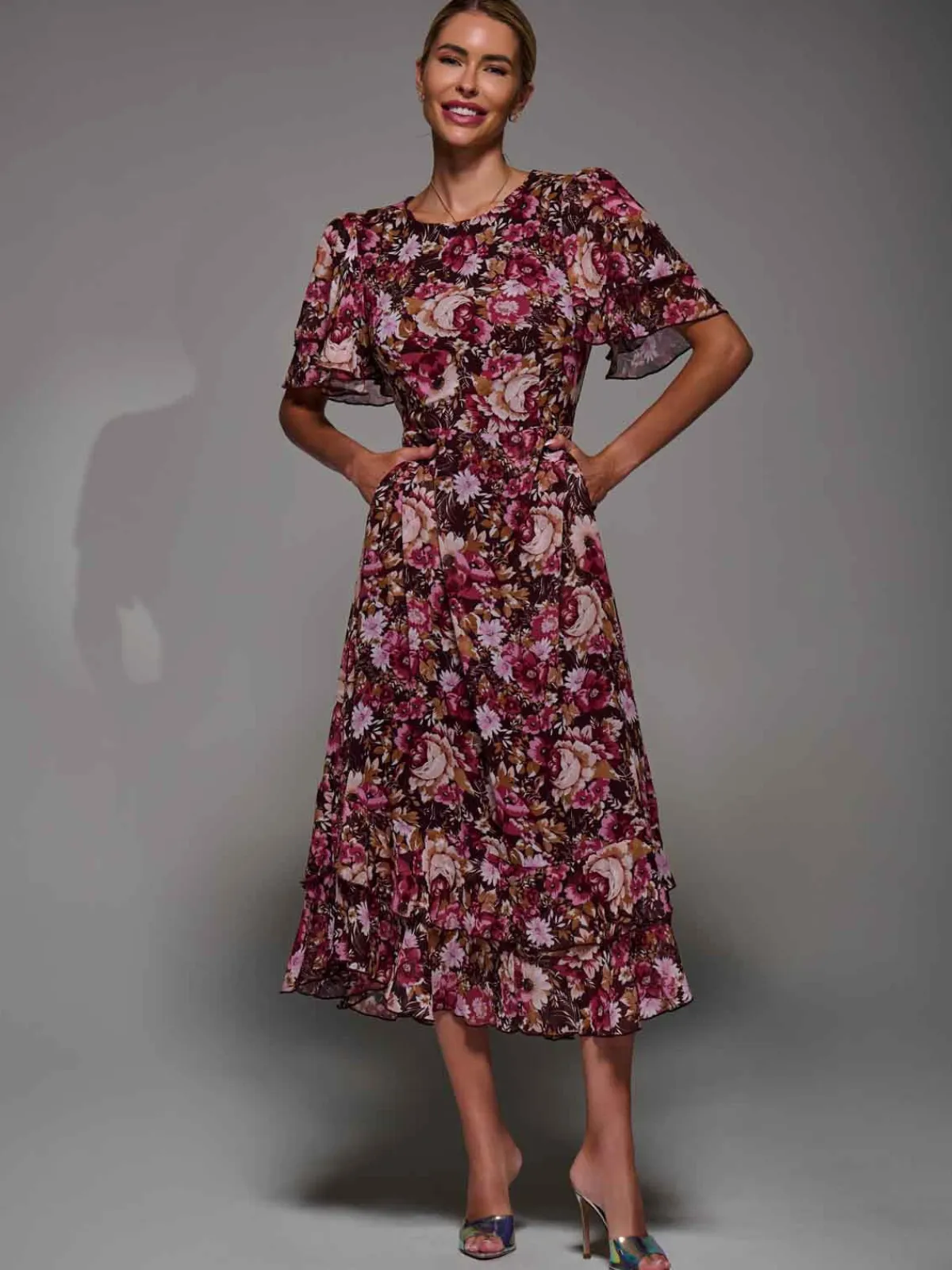 Jolie Moi Occasion Dresses|Floral Dresses- Frill Detail Chiffon Midaxi Dress Burgundy Floral