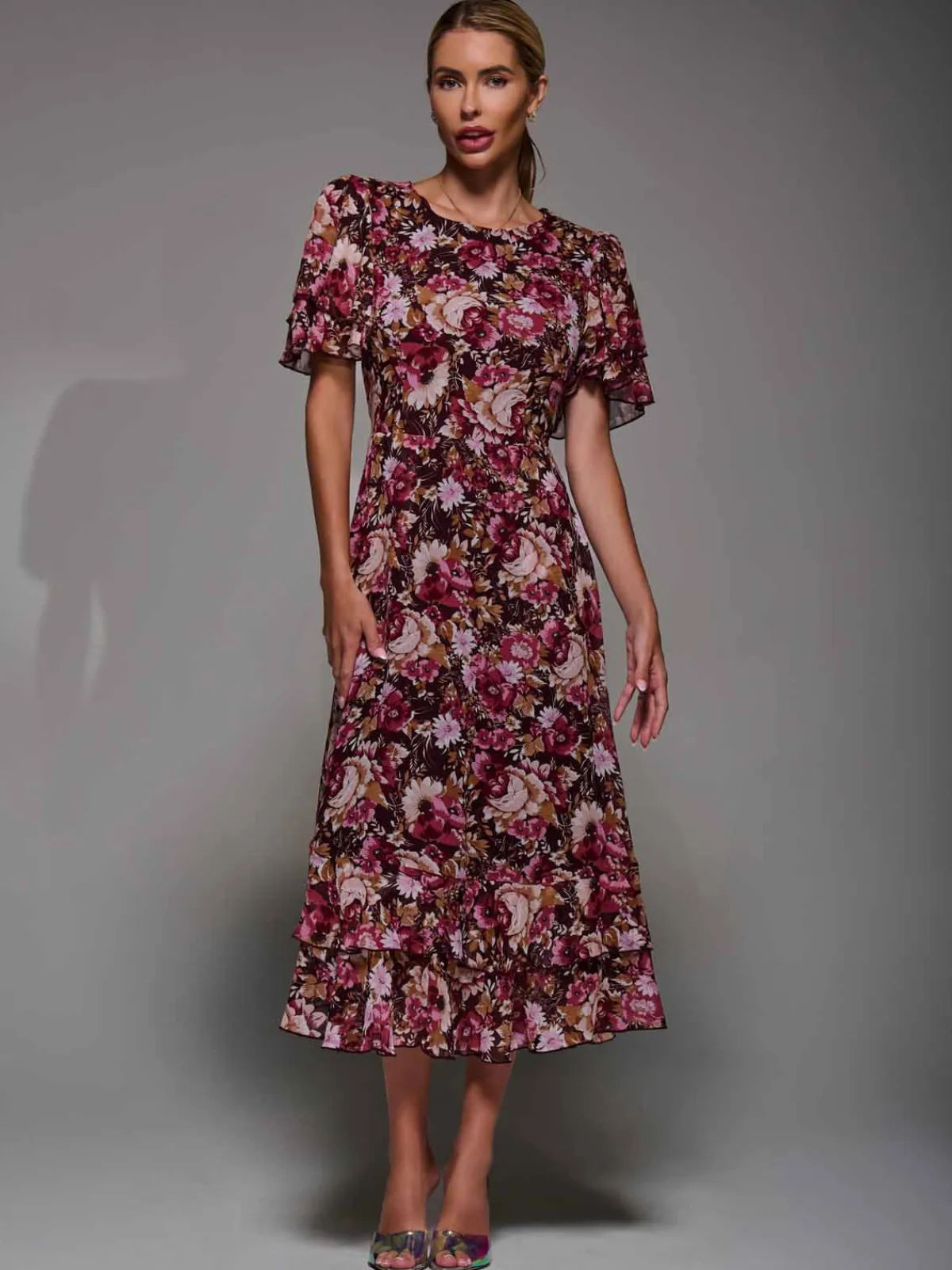 Jolie Moi Occasion Dresses|Floral Dresses- Frill Detail Chiffon Midaxi Dress Burgundy Floral