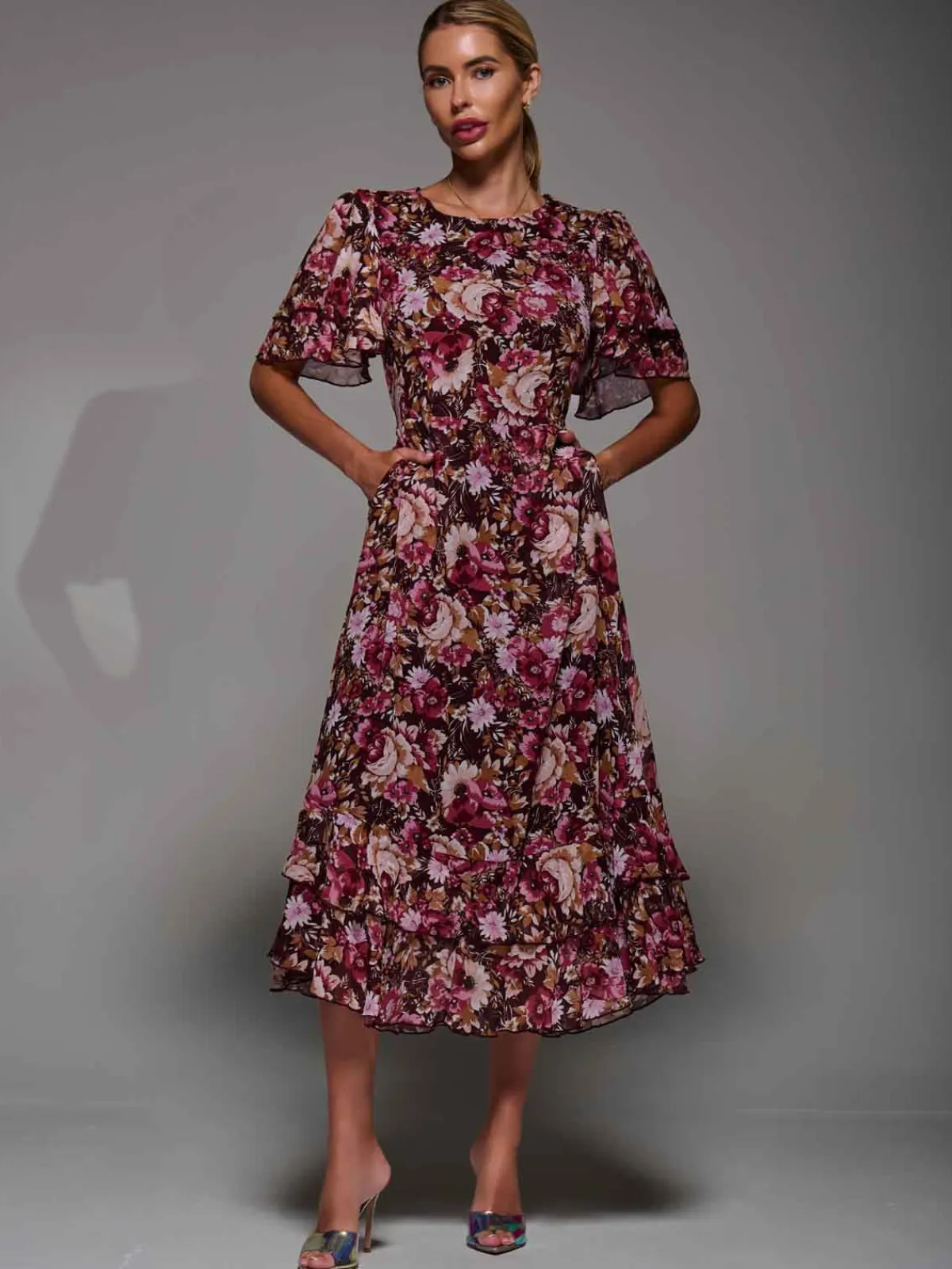 Jolie Moi Occasion Dresses|Floral Dresses- Frill Detail Chiffon Midaxi Dress Burgundy Floral