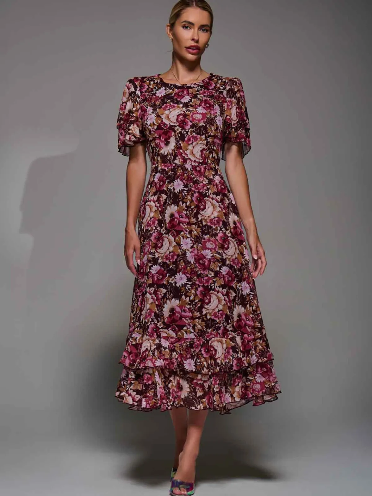 Jolie Moi Occasion Dresses|Floral Dresses- Frill Detail Chiffon Midaxi Dress Burgundy Floral