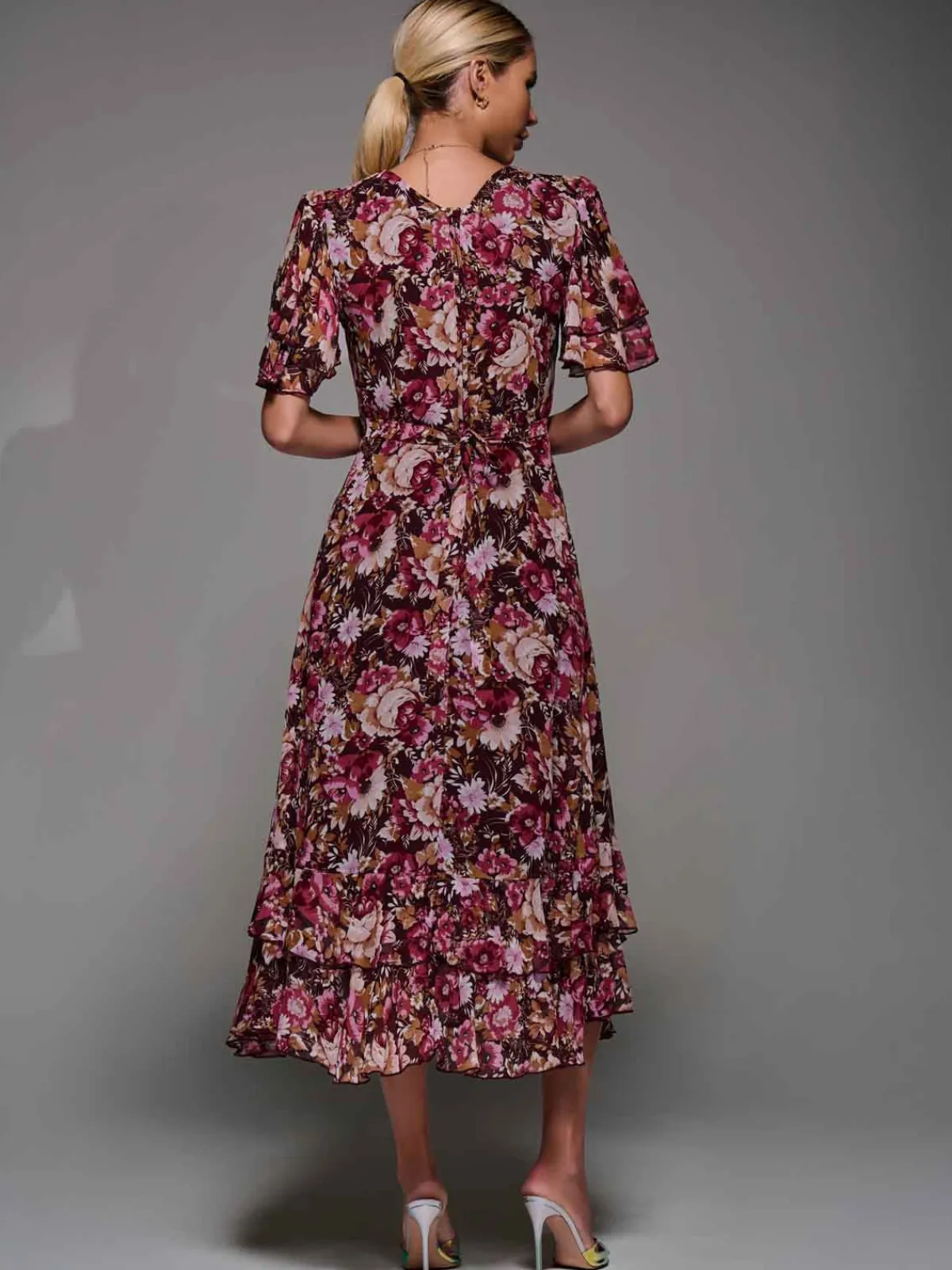 Jolie Moi Occasion Dresses|Floral Dresses- Frill Detail Chiffon Midaxi Dress Burgundy Floral