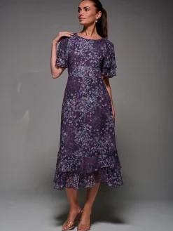 Jolie Moi Occasion Dresses|Floral Dresses-Frill Detail Chiffon Midaxi Dress, Purple Abstract