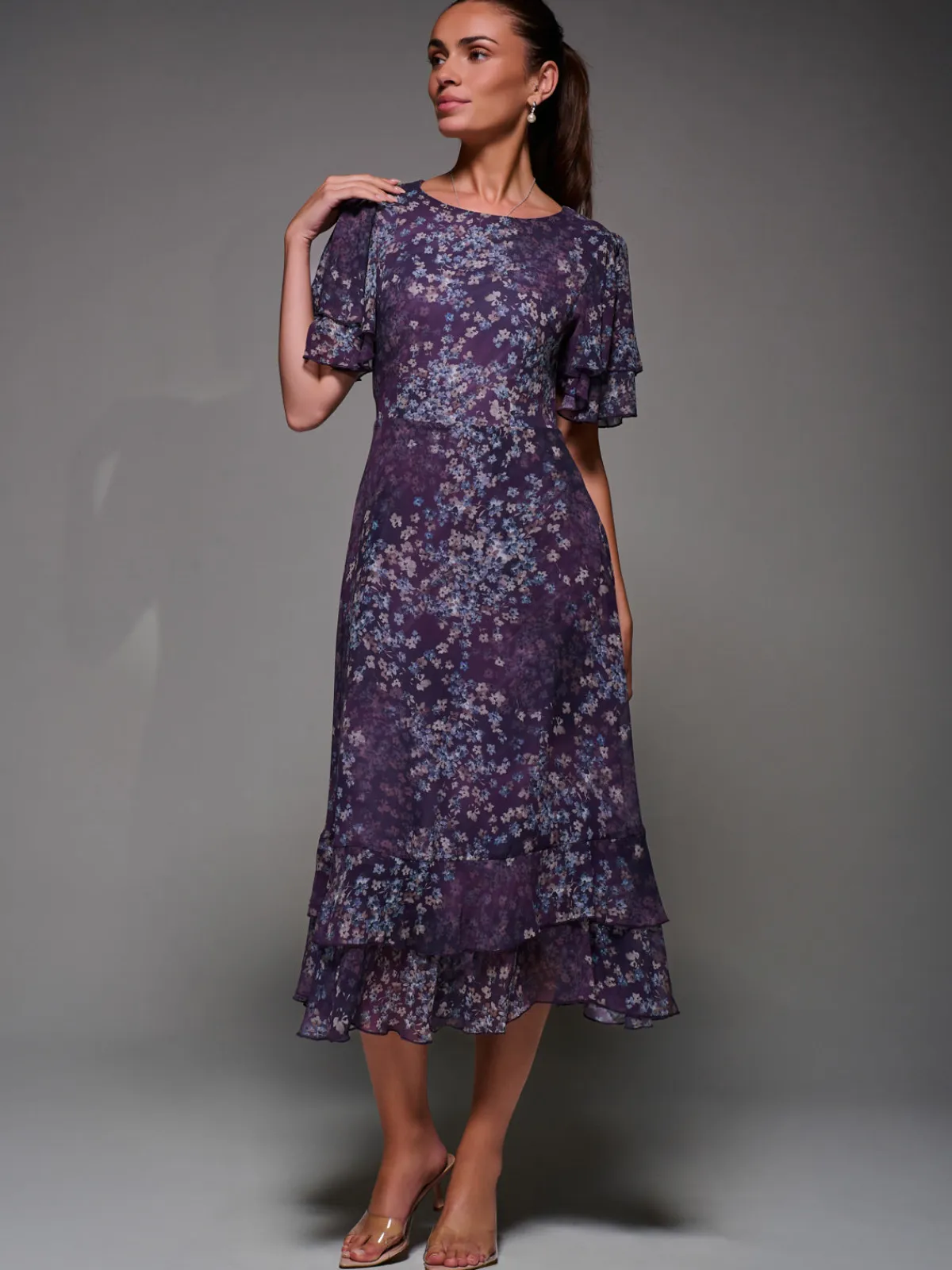 Jolie Moi Occasion Dresses|Floral Dresses-Frill Detail Chiffon Midaxi Dress, Purple Abstract