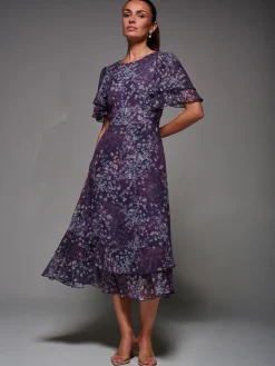 Jolie Moi Occasion Dresses|Floral Dresses-Frill Detail Chiffon Midaxi Dress, Purple Abstract