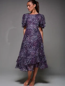 Jolie Moi Occasion Dresses|Floral Dresses-Frill Detail Chiffon Midaxi Dress, Purple Abstract