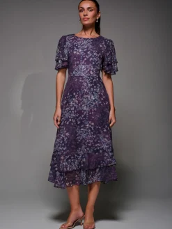Jolie Moi Occasion Dresses|Floral Dresses-Frill Detail Chiffon Midaxi Dress, Purple Abstract