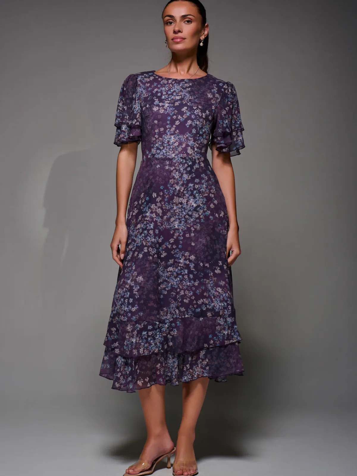 Jolie Moi Occasion Dresses|Floral Dresses-Frill Detail Chiffon Midaxi Dress, Purple Abstract