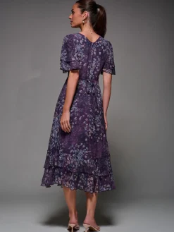 Jolie Moi Occasion Dresses|Floral Dresses-Frill Detail Chiffon Midaxi Dress, Purple Abstract