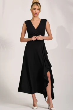 Jolie Moi Occasion Dresses|Party Dresses-Frill Detail Wrap Sleeveless Midaxi Dress, Black