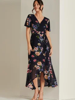 Jolie Moi Occasion Dresses|Floral Dresses-Frill Dip Hem Mesh Maxi Dress, Navy Floral