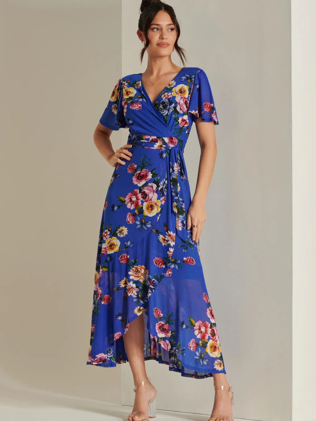 Jolie Moi Occasion Dresses|Mesh Dresses-Frill Dip Hem Mesh Maxi Dress, Royal Floral
