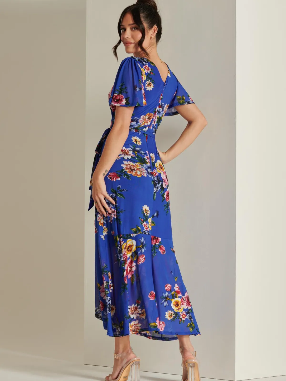 Jolie Moi Occasion Dresses|Mesh Dresses-Frill Dip Hem Mesh Maxi Dress, Royal Floral