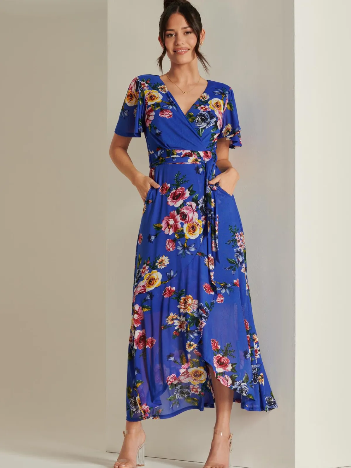 Jolie Moi Occasion Dresses|Mesh Dresses-Frill Dip Hem Mesh Maxi Dress, Royal Floral