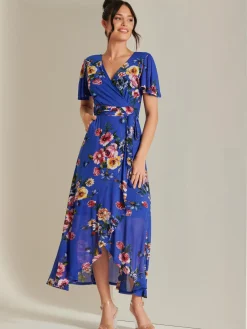 Jolie Moi Occasion Dresses|Mesh Dresses-Frill Dip Hem Mesh Maxi Dress, Royal Floral