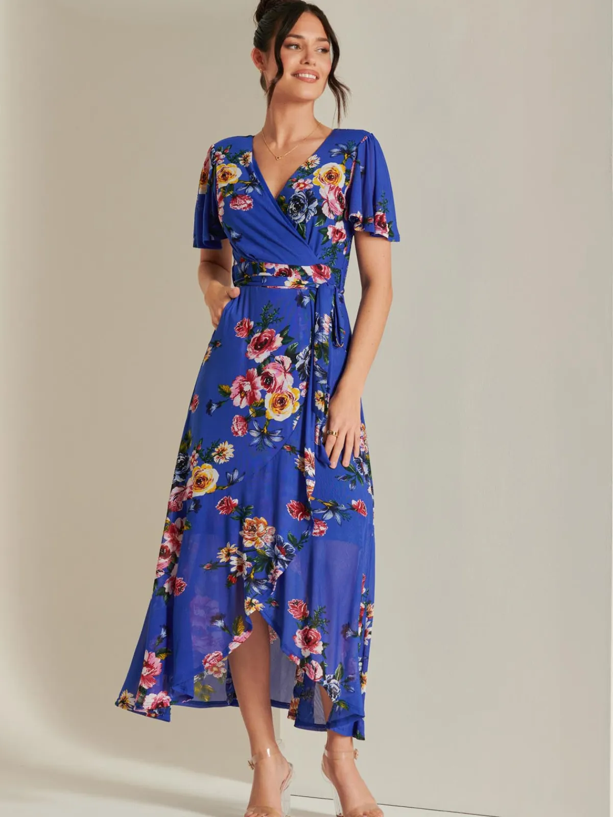 Jolie Moi Occasion Dresses|Mesh Dresses-Frill Dip Hem Mesh Maxi Dress, Royal Floral