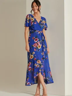 Jolie Moi Occasion Dresses|Mesh Dresses-Frill Dip Hem Mesh Maxi Dress, Royal Floral