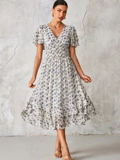 Jolie Moi Occasion Dresses|Animal Print Dresses-Frill Hem Chiffon Midi Dress, Purple Animal