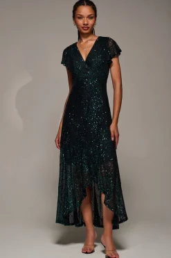 Jolie Moi Occasion Dresses|Mother Of The Bride-Frill Short Sleeve Sequin Maxi Dress, Black Green