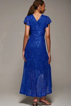 Jolie Moi Occasion Dresses|Mother Of The Bride-Frill Short Sleeve Sequin Maxi Dress, Royal Blue
