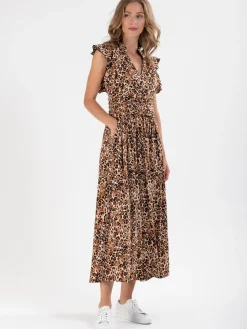Jolie Moi Occasion Dresses|Sleeveless Dresses-Frill Shoulder Maxi Dress, Brown Animal
