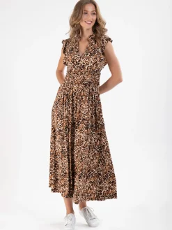 Jolie Moi Occasion Dresses|Sleeveless Dresses-Frill Shoulder Maxi Dress, Brown Animal