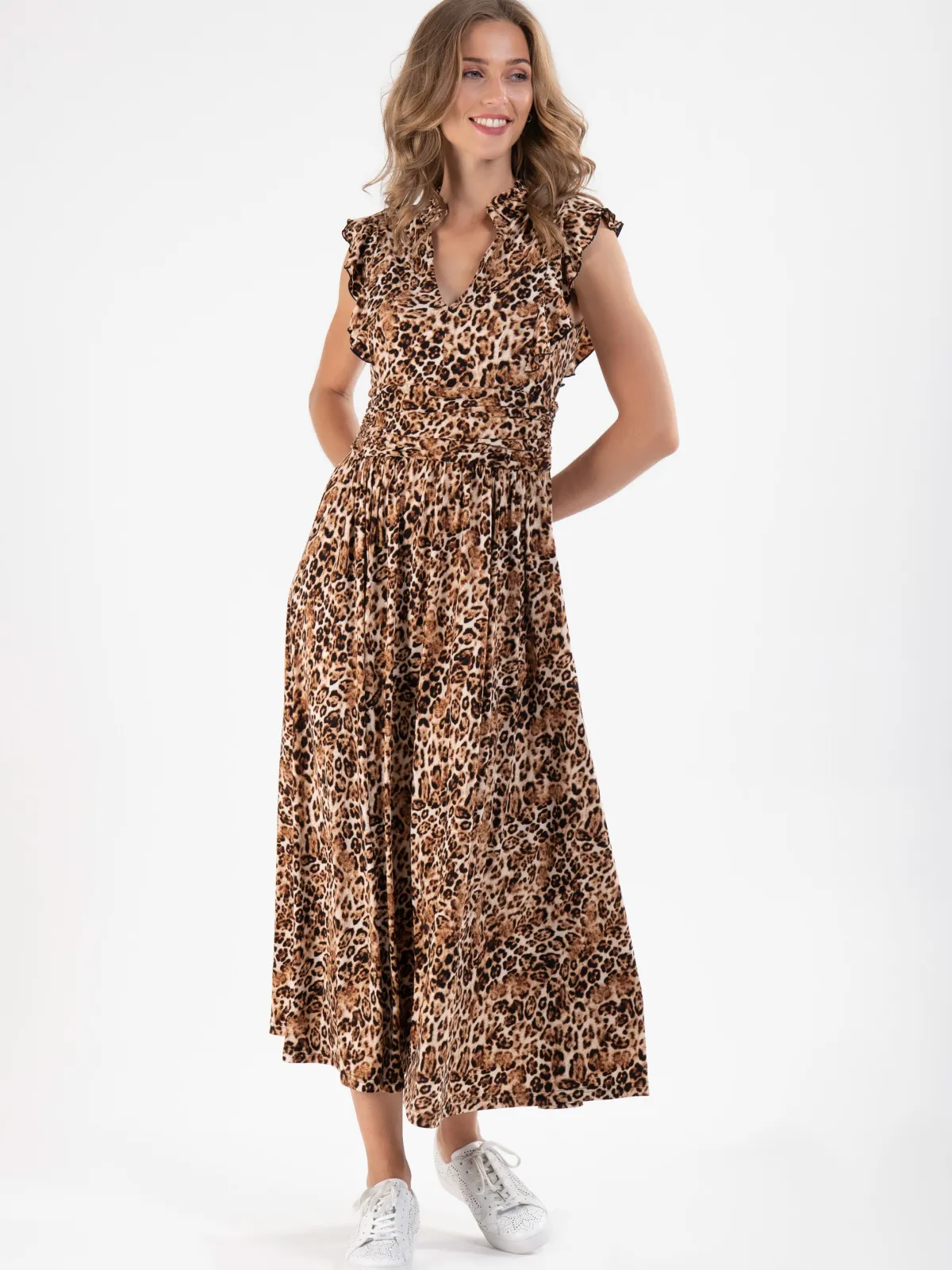 Jolie Moi Occasion Dresses|Sleeveless Dresses-Frill Shoulder Maxi Dress, Brown Animal