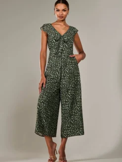 Jolie Moi Sleeveless Dresses|Jumpsuits-Frill Tie-front Jumpsuit, Green Leopard