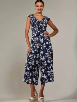 Jolie Moi Sleeveless Dresses|Weekend Casuals-Frill Tie-front Jumpsuit, Navy Abstract