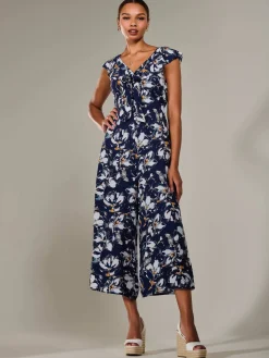 Jolie Moi Sleeveless Dresses|Weekend Casuals-Frill Tie-front Jumpsuit, Navy Abstract