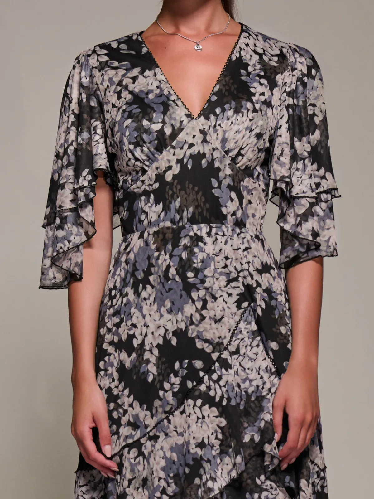 Jolie Moi Occasion Dresses|Maxi Dresses-Frill Trim Mesh Maxi Dress, Black Abstract