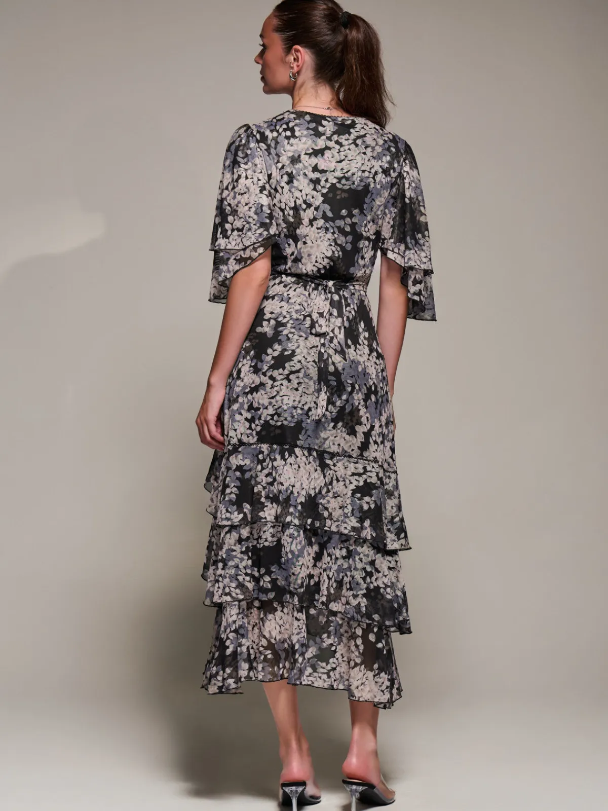 Jolie Moi Occasion Dresses|Maxi Dresses-Frill Trim Mesh Maxi Dress, Black Abstract
