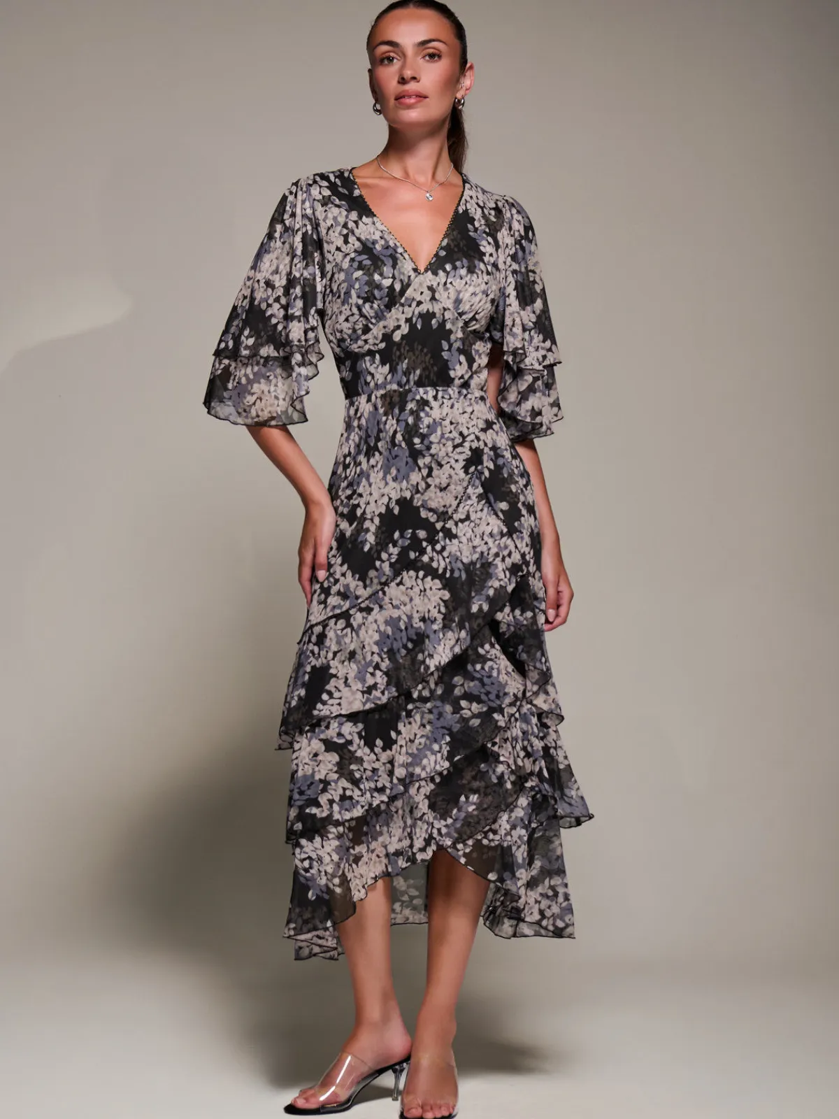 Jolie Moi Occasion Dresses|Maxi Dresses-Frill Trim Mesh Maxi Dress, Black Abstract