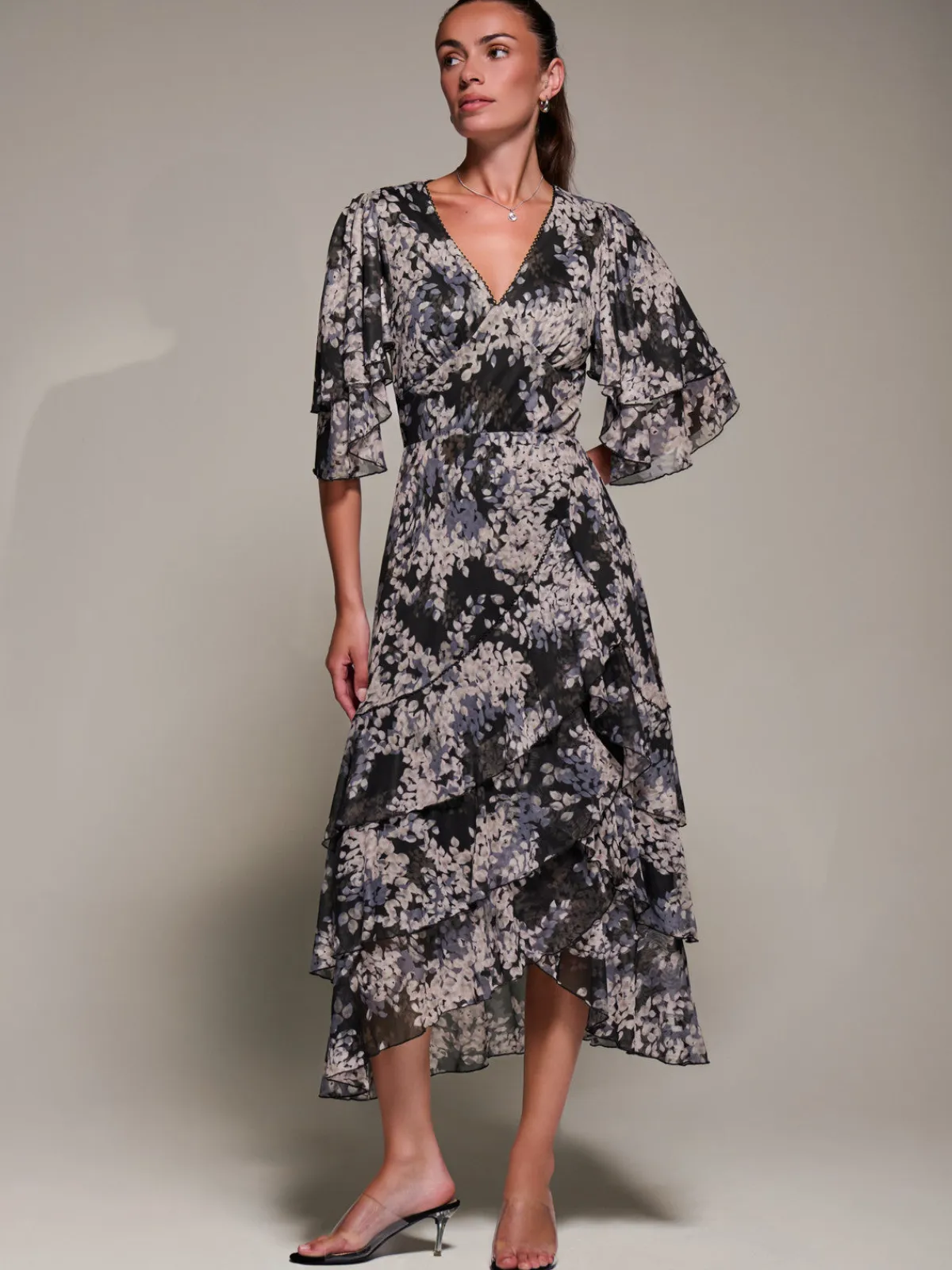 Jolie Moi Occasion Dresses|Maxi Dresses-Frill Trim Mesh Maxi Dress, Black Abstract