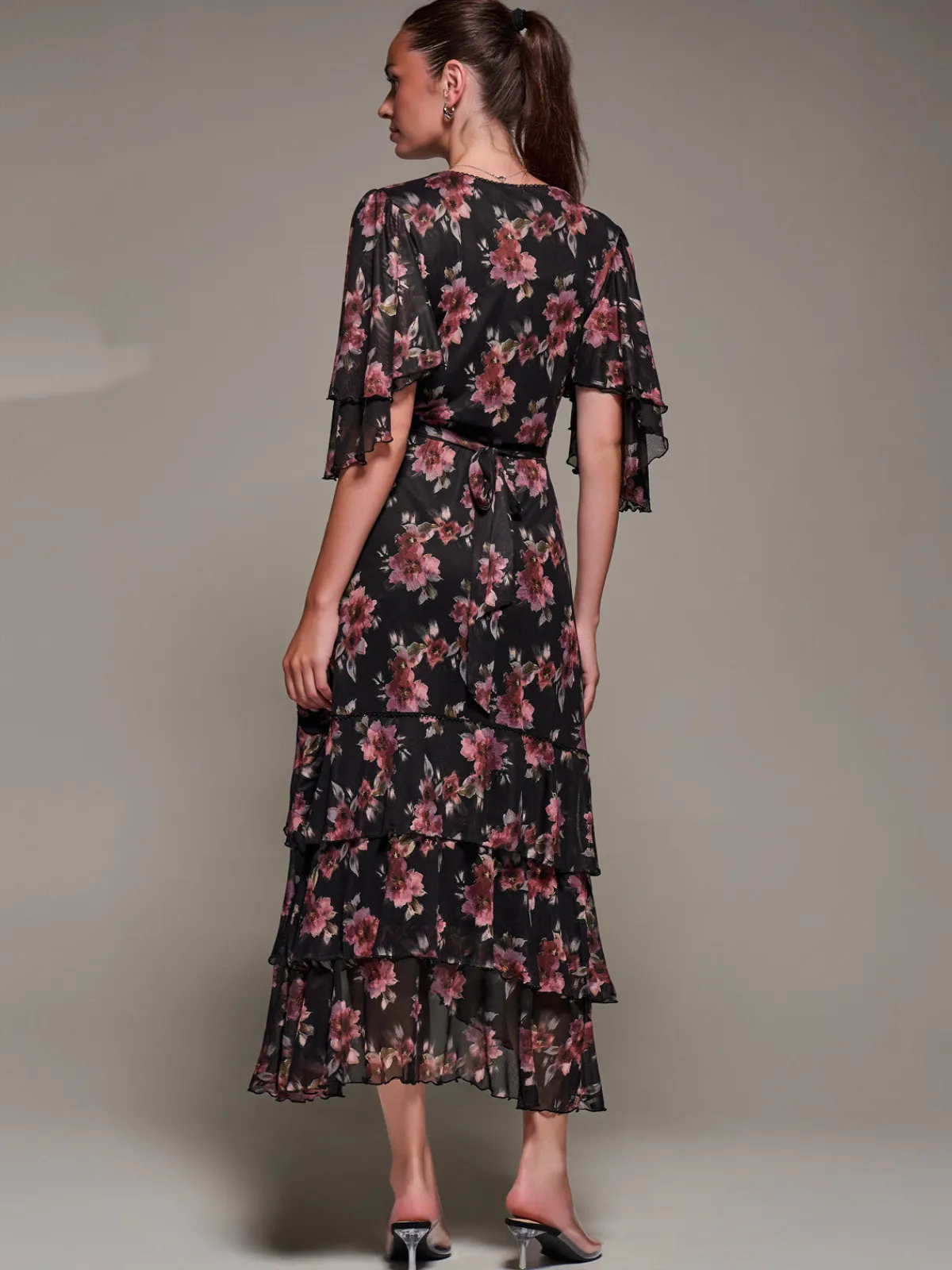 Jolie Moi Occasion Dresses|Floral Dresses-Frill Trim Mesh Maxi Dress, Red Floral