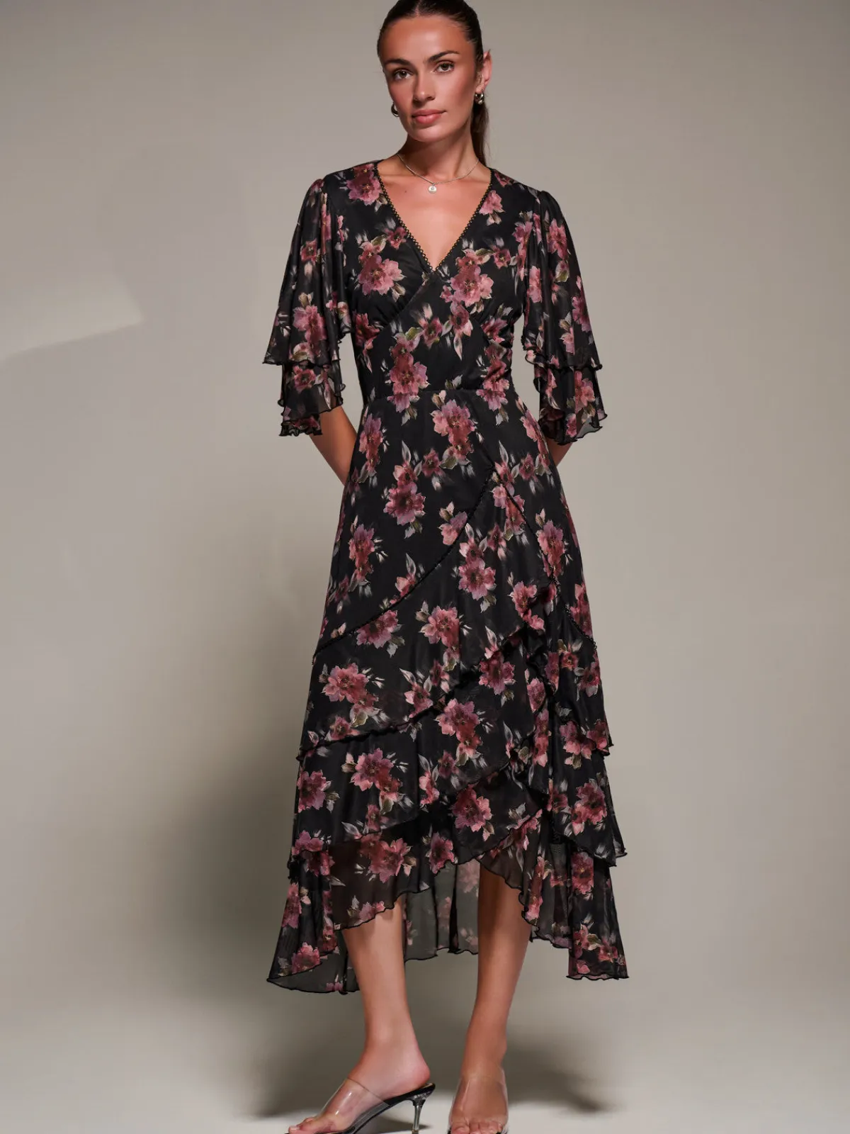 Jolie Moi Occasion Dresses|Floral Dresses-Frill Trim Mesh Maxi Dress, Red Floral