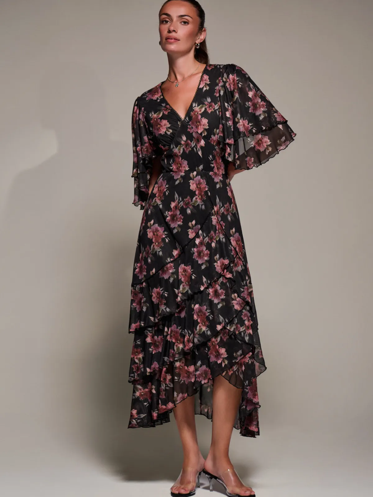 Jolie Moi Occasion Dresses|Floral Dresses-Frill Trim Mesh Maxi Dress, Red Floral