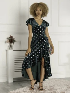 Jolie Moi Occasion Dresses|Velvet Dresses-Frill Velvet Spot Dress, Green Spot
