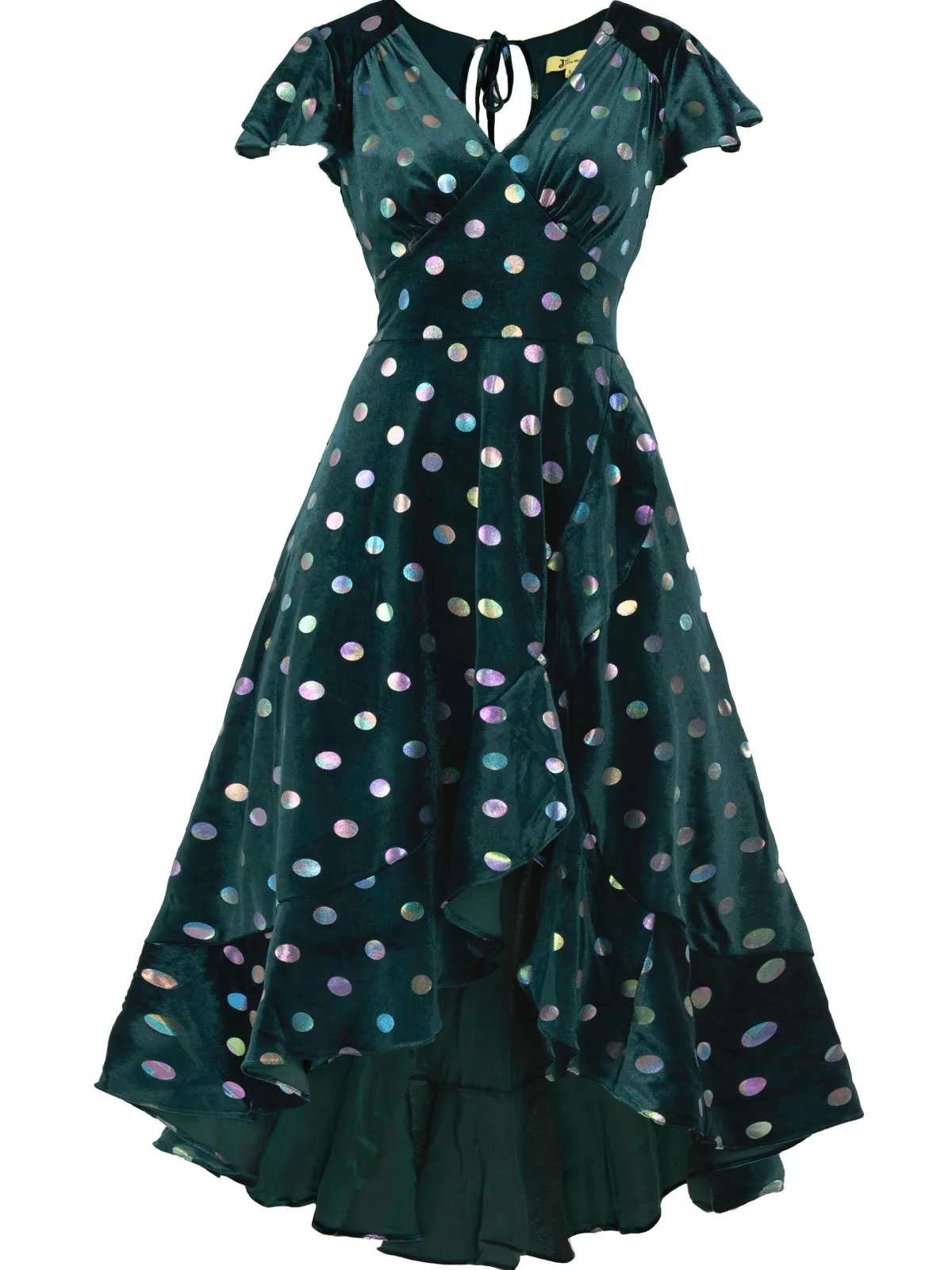 Jolie Moi Occasion Dresses|Velvet Dresses-Frill Velvet Spot Dress, Green Spot