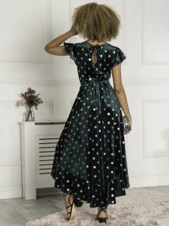 Jolie Moi Occasion Dresses|Velvet Dresses-Frill Velvet Spot Dress, Green Spot