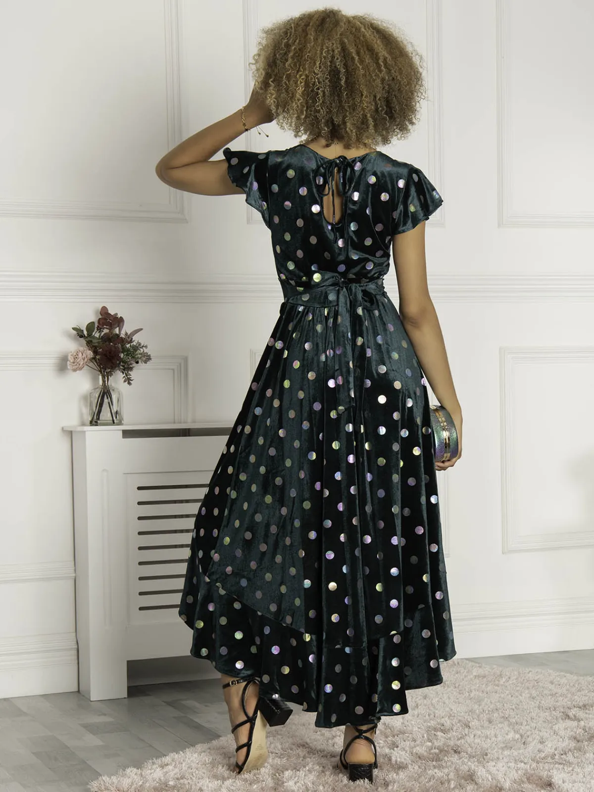 Jolie Moi Occasion Dresses|Velvet Dresses-Frill Velvet Spot Dress, Green Spot