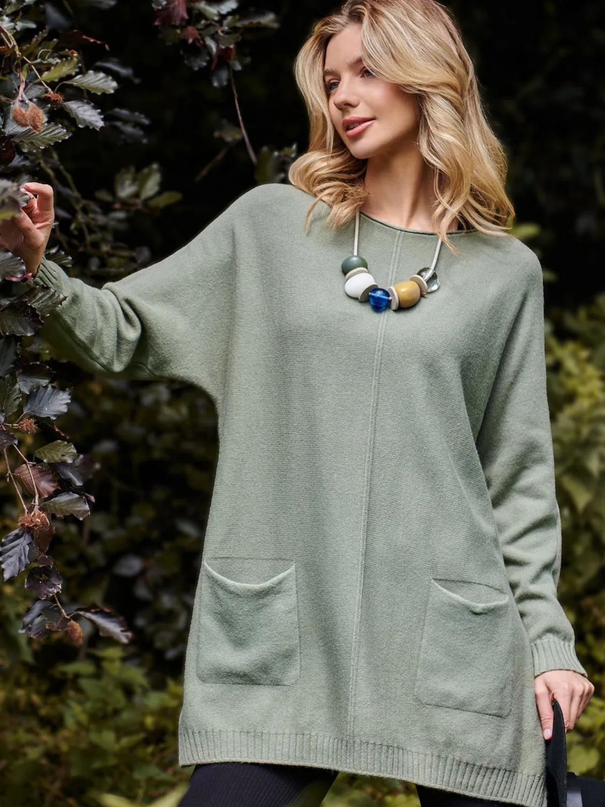 Jolie Moi Weekend Casuals|Knitted Jumpers-Front Pocket Loose Fit Knit Jumper, Soldier Green