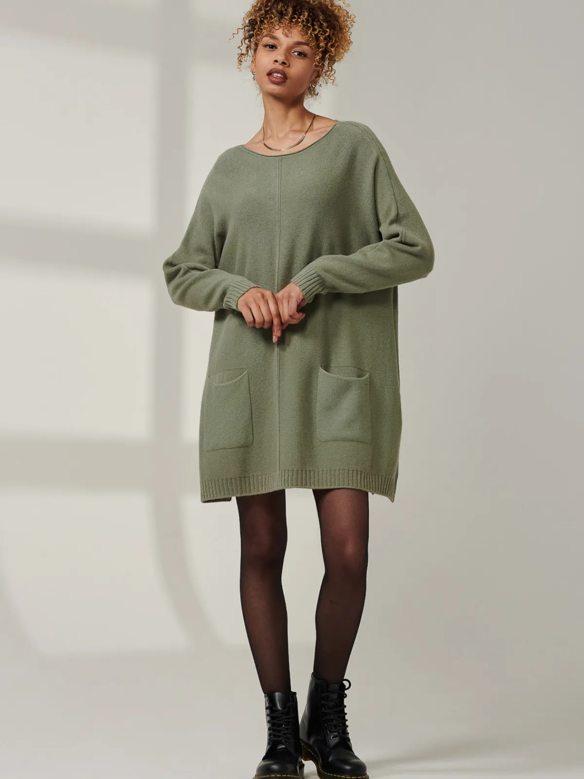 Jolie Moi Weekend Casuals|Knitted Jumpers-Front Pocket Loose Fit Knit Jumper, Soldier Green