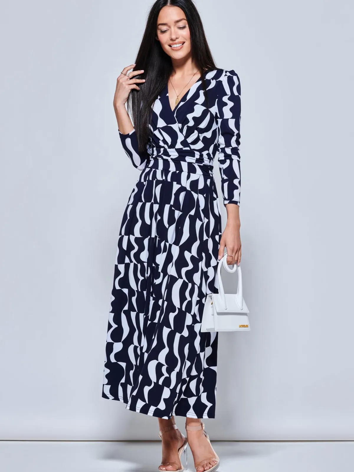 Jolie Moi Occasion Dresses|Weekend Casuals-Geometric Print Long Sleeve Maxi Dress, Navy Geo