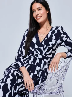 Jolie Moi Occasion Dresses|Weekend Casuals-Geometric Print Long Sleeve Maxi Dress, Navy Geo
